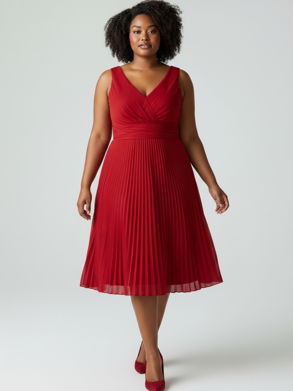 White House Black Market Red Pleated Midi Dress Womens 12 Petite V-Neck NWT